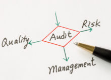 an illustrated flowchart on a white background. In the center of the flowchart is the word 'audit' outlined by a red diamond. Branching from that red diamond are four different arrows; each arrow points to a different word. The left most arrow points to the word 'quality,'; the bottom arrow points to the word 'management' and the right most arrow points to the word "risk."