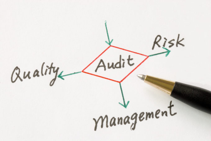 an illustrated flowchart on a white background. In the center of the flowchart is the word 'audit' outlined by a red diamond. Branching from that red diamond are four different arrows; each arrow points to a different word. The left most arrow points to the word 'quality,'; the bottom arrow points to the word 'management' and the right most arrow points to the word "risk."