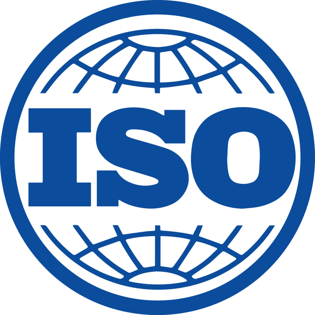 A thick blue circle with a gridded interior, similar to what a globe looks like. The words "ISO" are printed in blue and appear in the center of the circular logo. 