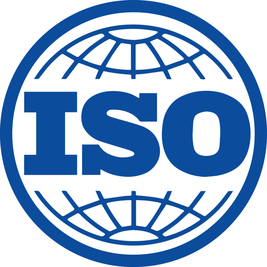A thick blue circle with a gridded interior, similar to what a globe looks like. The words "ISO" are printed in blue and appear in the center of the circular logo.
